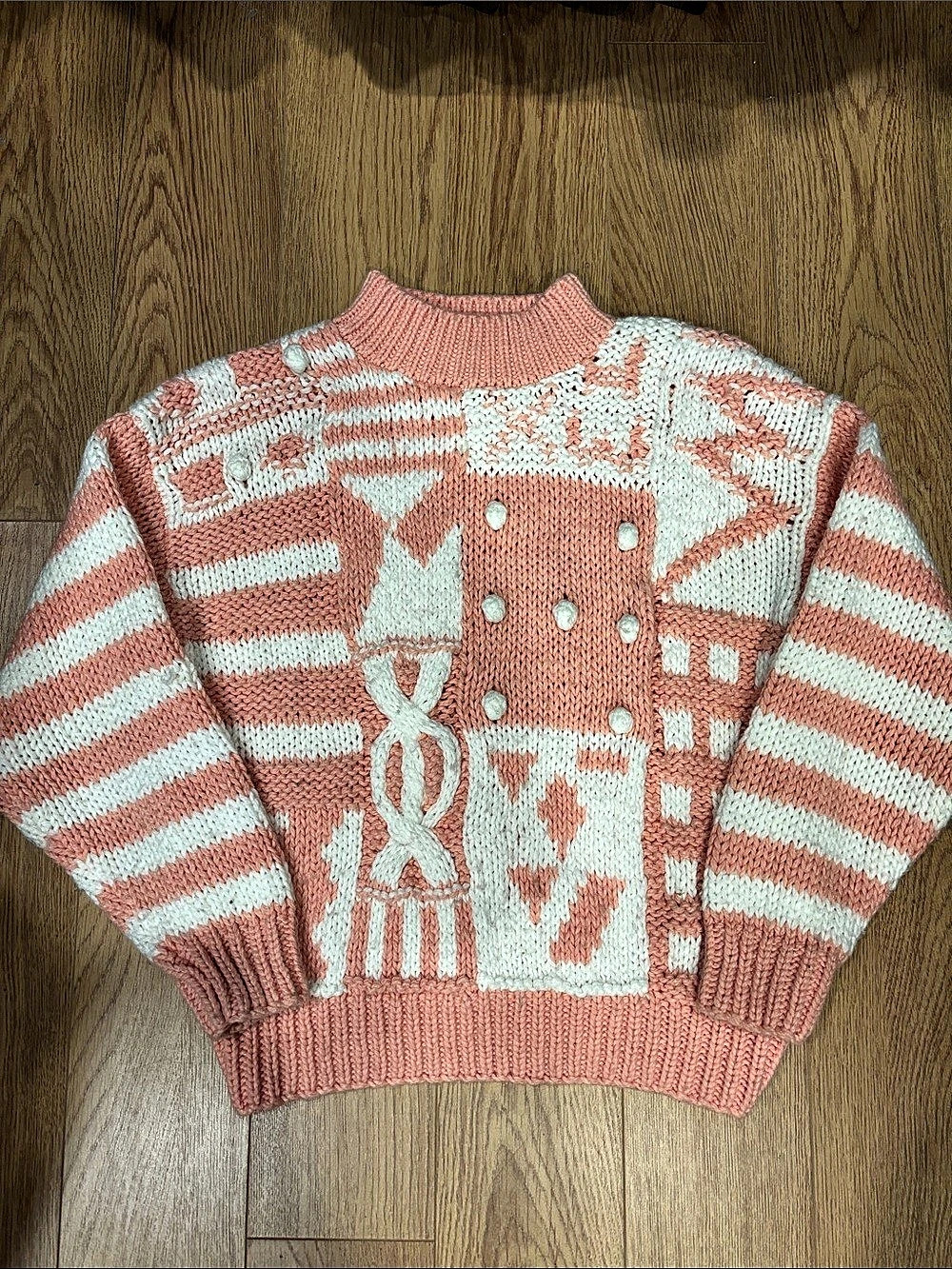 Vintage Jeff Laurent Chunky Knit Sweater Pink Cream Patchwork 80s Size Large